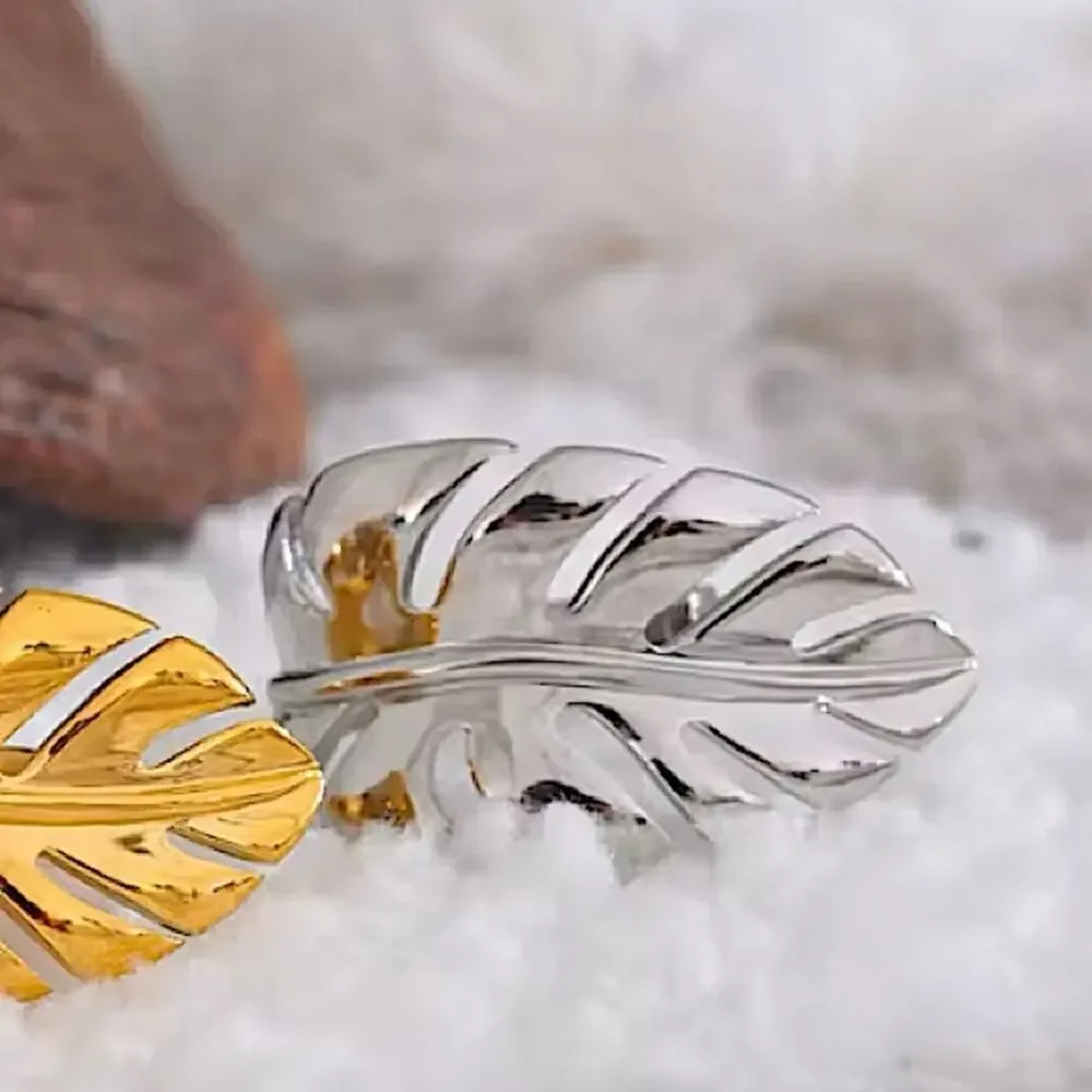 Silver Feather Leaf Leaves Ring Adjustable Stainless Steel Gold Plated